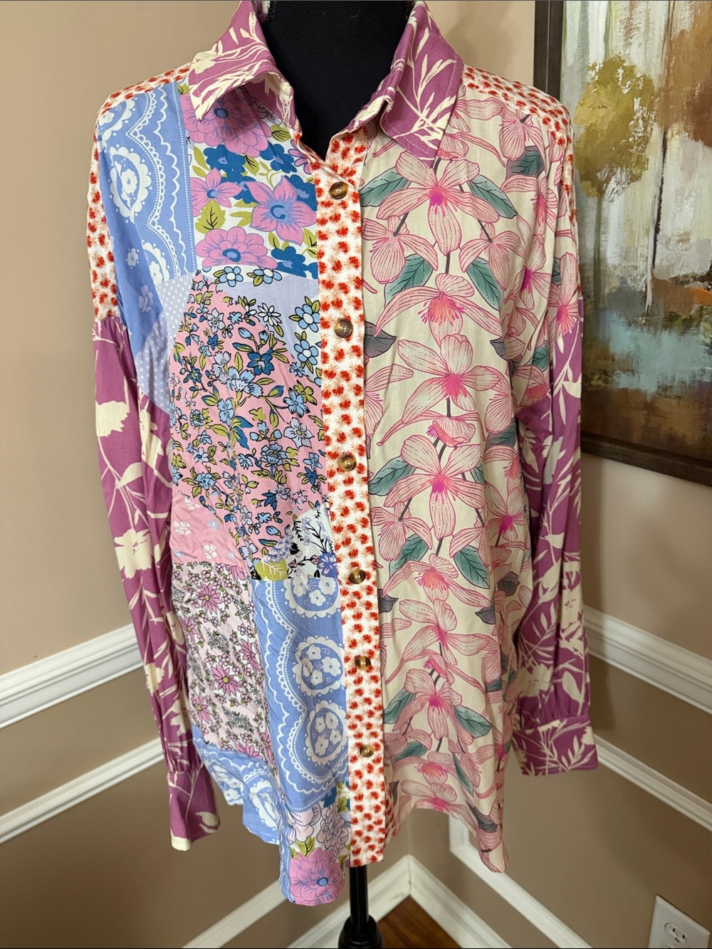 Patchwork Floral Button-Front Blouse - Pink Multi NWOT - Picture 4 of 12